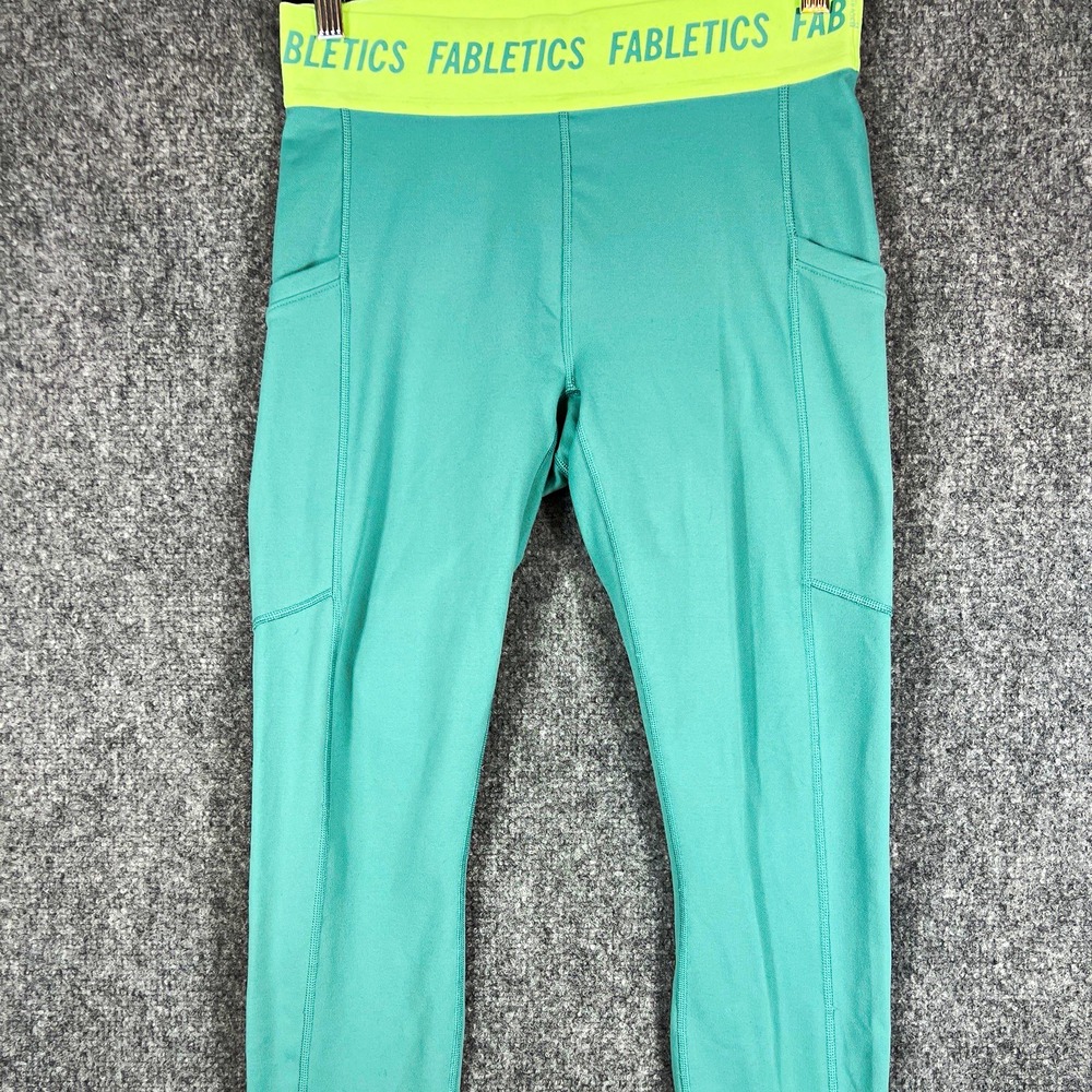 Fabletics Womens Ankle Leggings M Green/Blue Logo Waistband Pockets Stretch